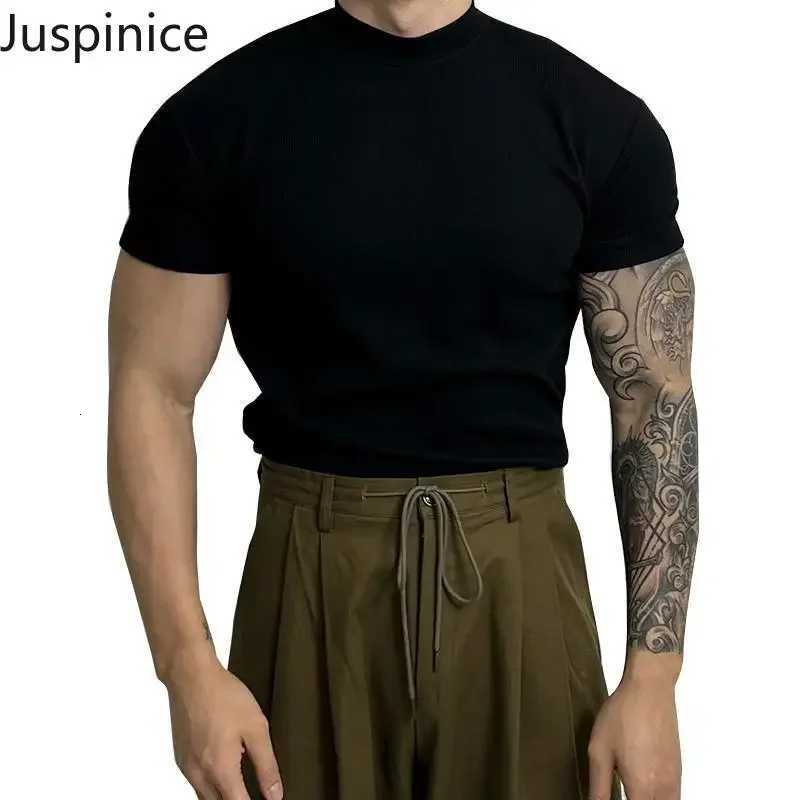 Summer Half Turtleneck Large Size Short-sleeved T-shirt Mens Elastic Casual Simple High Street Personality Tops Male Clothes Z250725