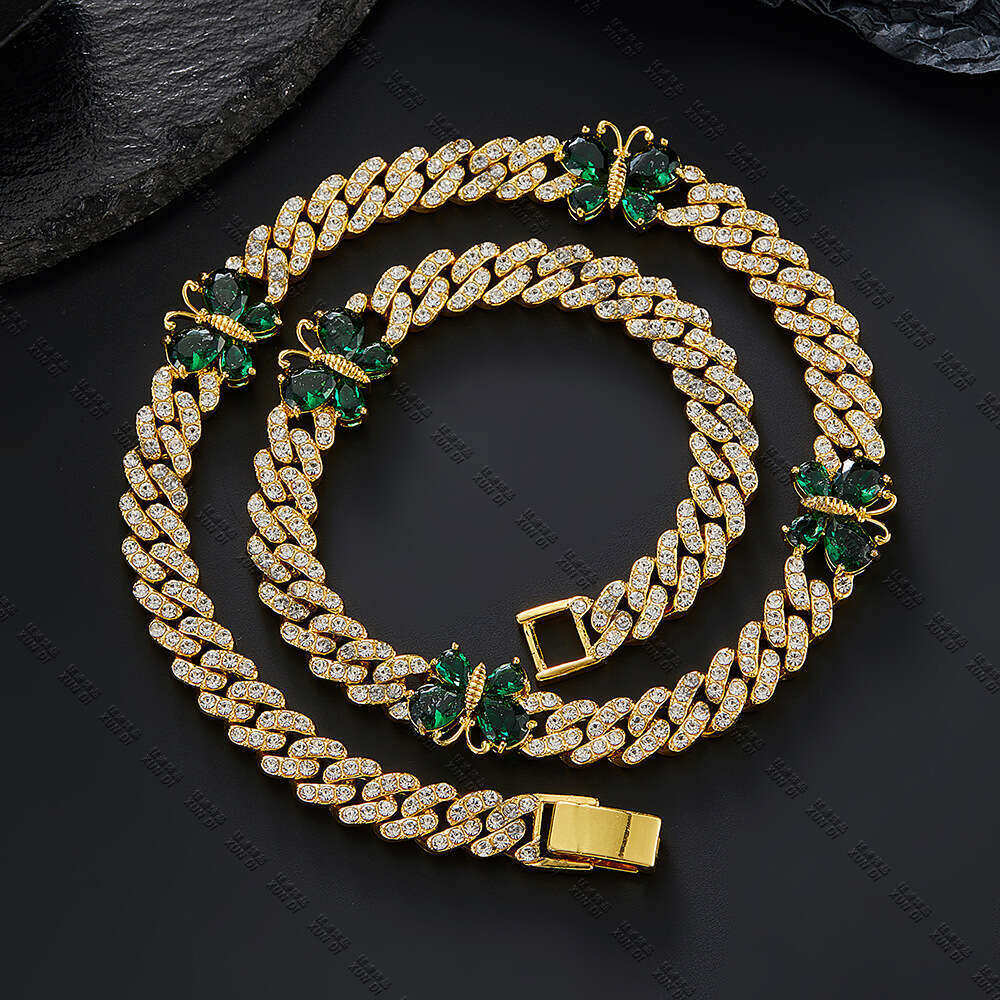 Butterfly Necklace Hip-Hop Jewelry Emerald Alloy Rhinestone High-End Versatile Electroplated Cuban Chain