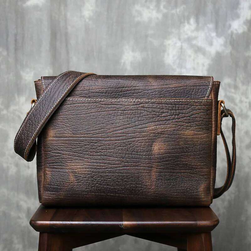 Men's Tree Patterned Retro Top Layer Cowhide Genuine Leather Luxury Bag Mailman Shoulder Crossbody Official Document Men Bag OLOEY