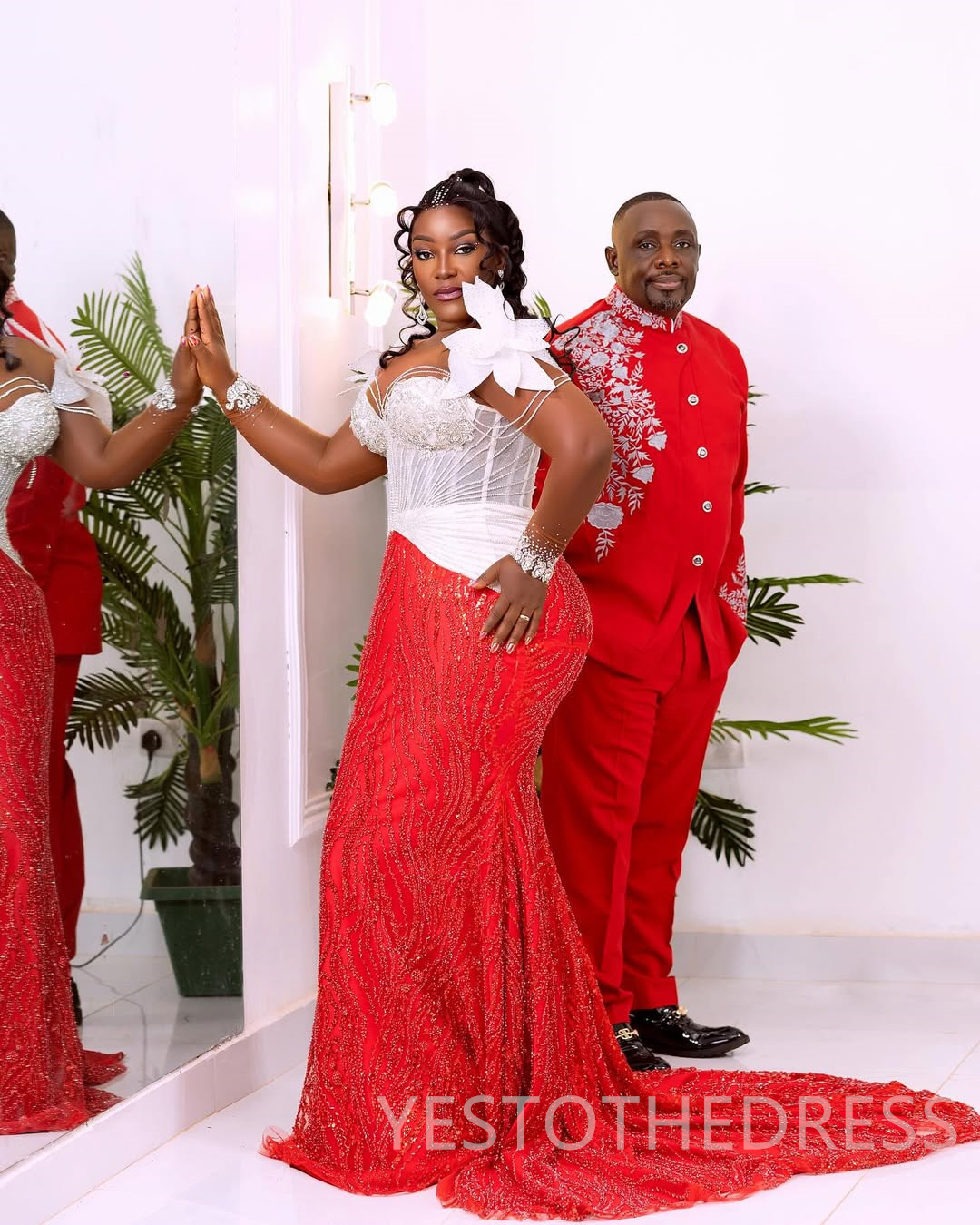 2025 Plus Size Red Prom Dress Evening Dresses Mermaid Formal Gowns For Black Women Sheer Neck Long Sleeves Beaded Lace Birthday Dress Second Reception