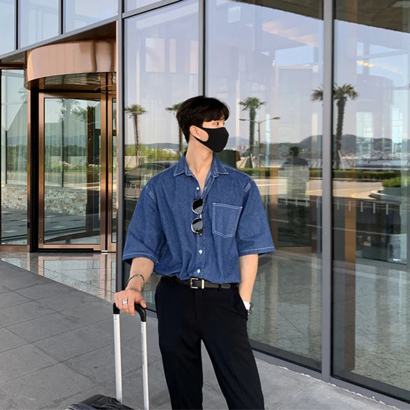 Summer Mens Clothing Denim Shortsleeved Pocket Shirt Leisure Buttondown Korean Streetwear Stylish 250725