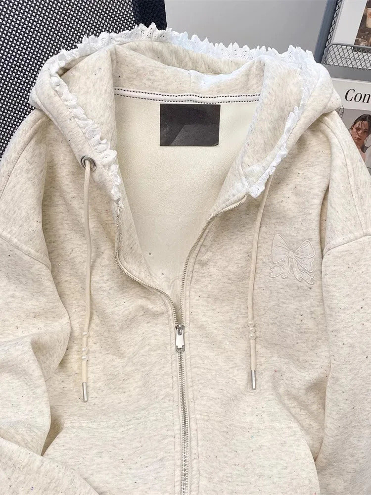 Grey Heavy Duty Nail Bead Embroidered Bow Hoodie Coat For Women Sweet Lazy Zipper Style Lace Splicing n Hoodie Top 250725