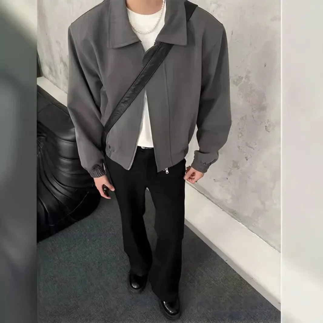 High-End Feel Cropped Jacket Trendy Lapel Zipper Up Casual Cool Gray Cropped Flight Fighter Jet Jacket For Men 250725