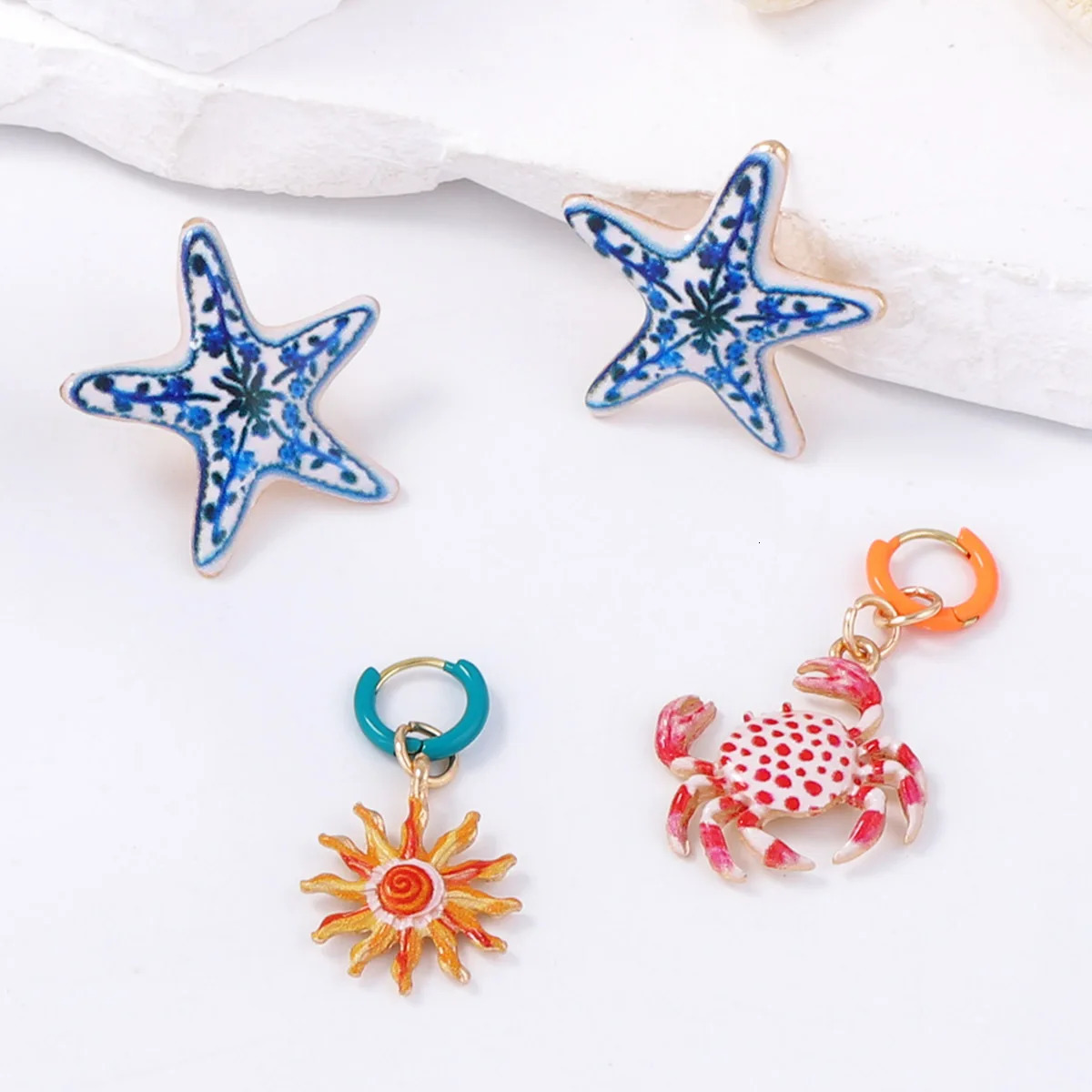 ZAA Personalized Trendy Creative n Alloy Starfish Crab Four Piece Earring Set 250715