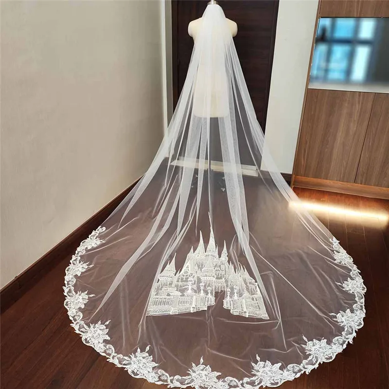Graceful New Wedding Veils Customized Castle Sequined Lace One Layer Bridal Veil with Comb Wedding Accessories