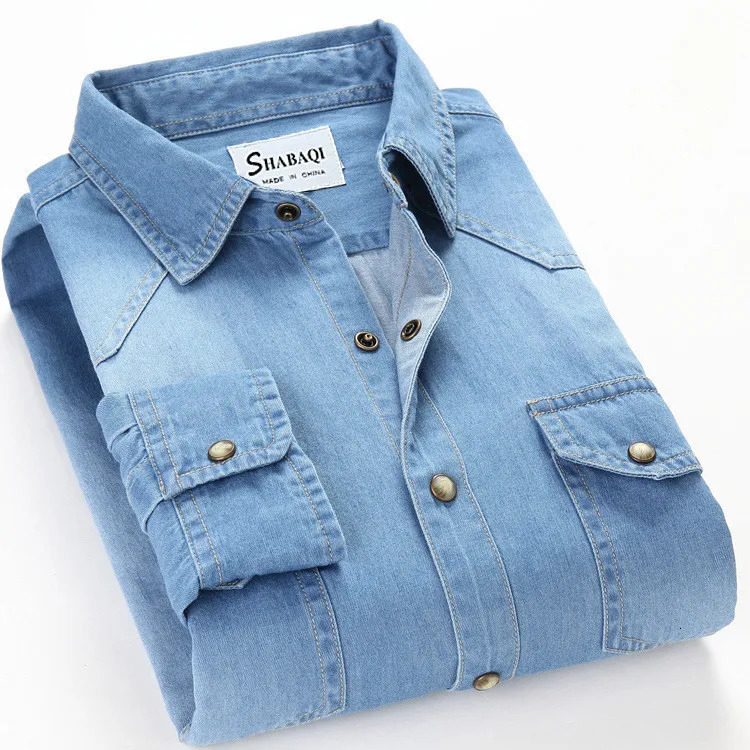 Mens Slim Denim Shirt Spring High Quality Cotton Square Collar Pocket Button Fashion Long Sleeve Jeans 250725