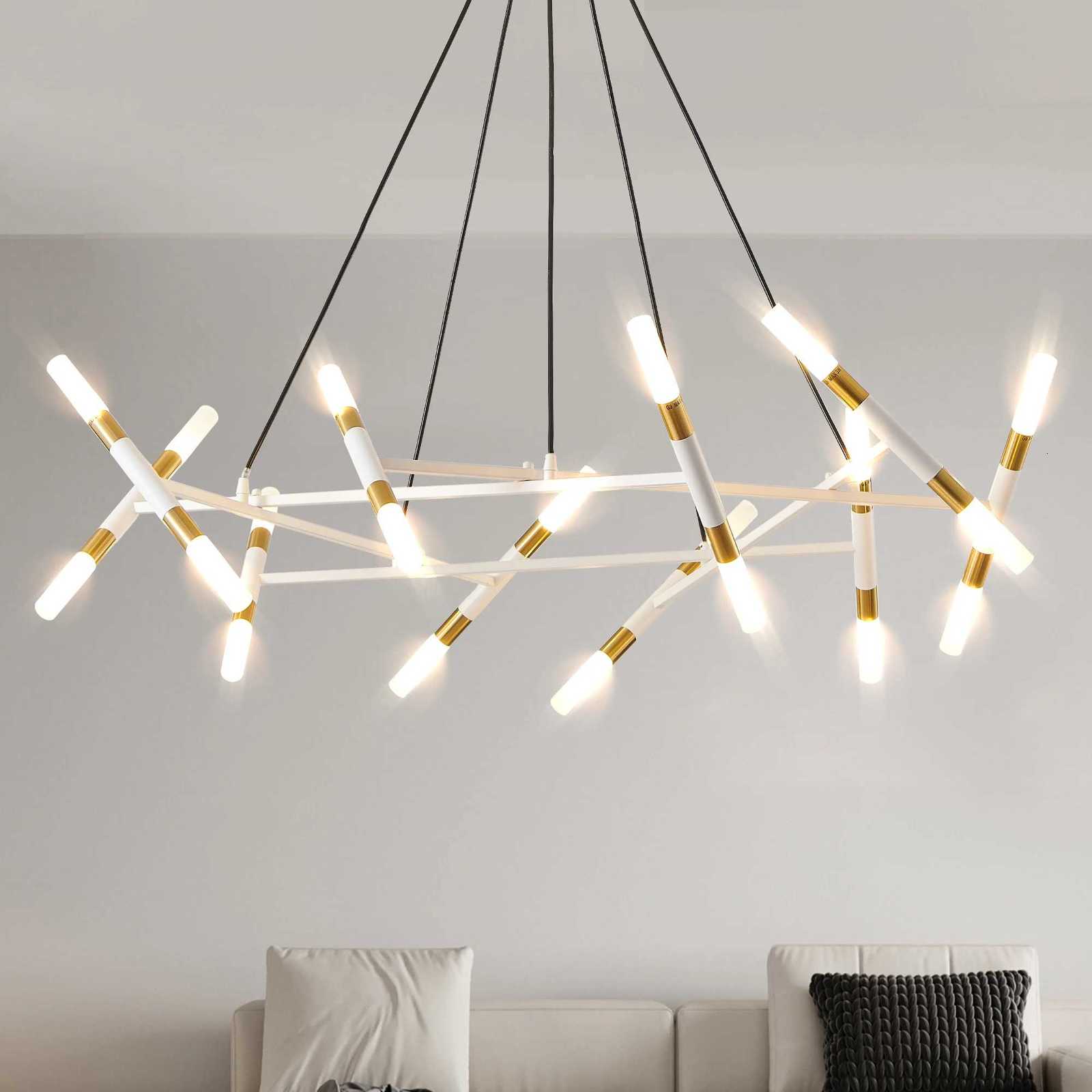 White Golden Modern Chandelier Light Branch Design with Frosted Tubes Black Cords Adjustable Height Pendant Light (No Bulb) XJ250725