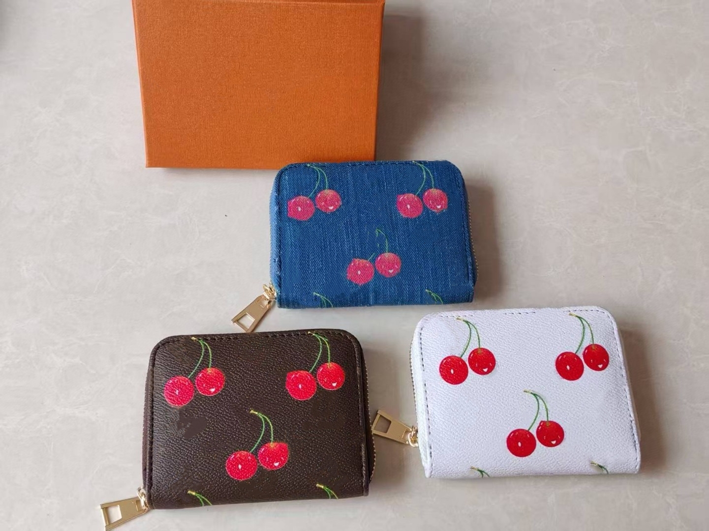Womens cherry denim designer wallet womens white zipper wallets mini purse card holder coin wallets key long short purses high quality