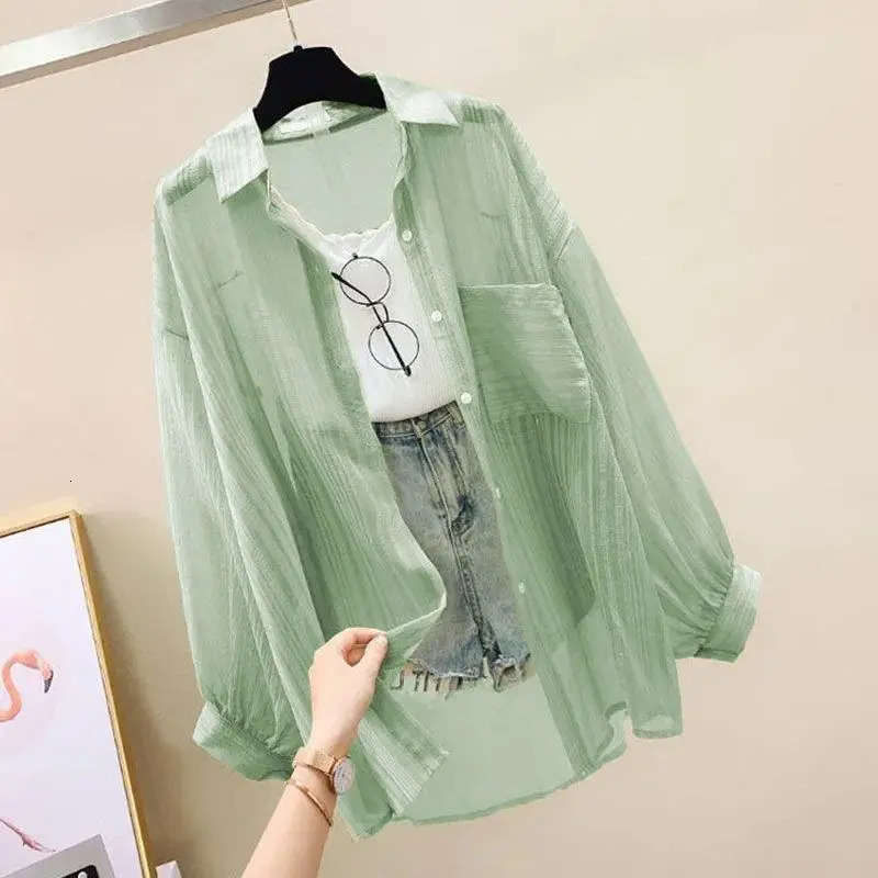 Summer Sunscreen Shirt Elegant Perspective Thin Chiffon Blouse Korean Harajuku See Through Loose Top Casual Womens Cardigan 250717