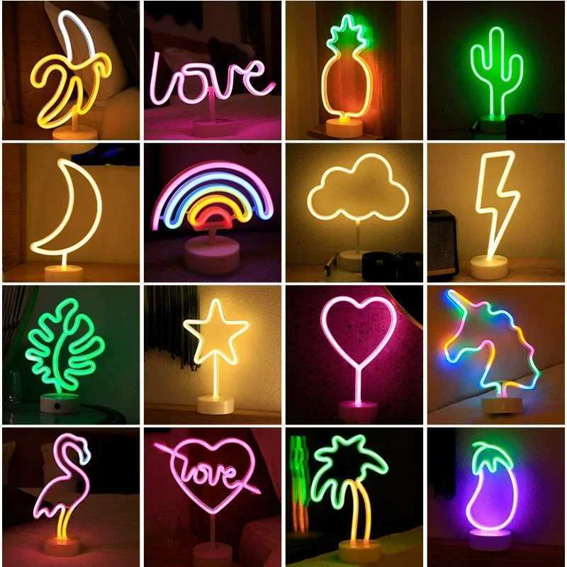 Battery/USB LED Neon Night Light Sign Flamingo Coconut Tree Cactus Table Lamp Kids Birthday Gifts Bedroom Christmas Art Decor XJ250725