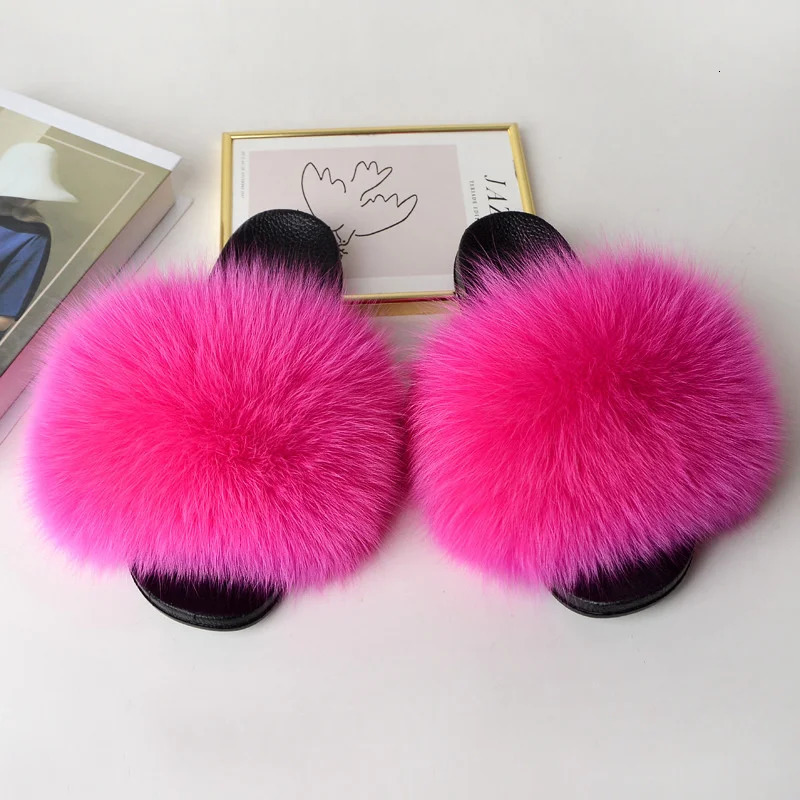 Fur Slippers Summer Women Real Fox Fur Slides Home Furry Flat Sandals Non-Slip Fluffy Flip Flops Ladies Woman Cute Plush Shoes 250724