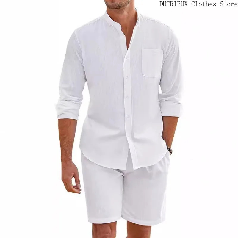 Summer Sales of Mens Cotton Linen Longsleeved Shirt Twopiece Set Soft and Comfortable Solid Color Shirt Shorts Mens Suit 250724