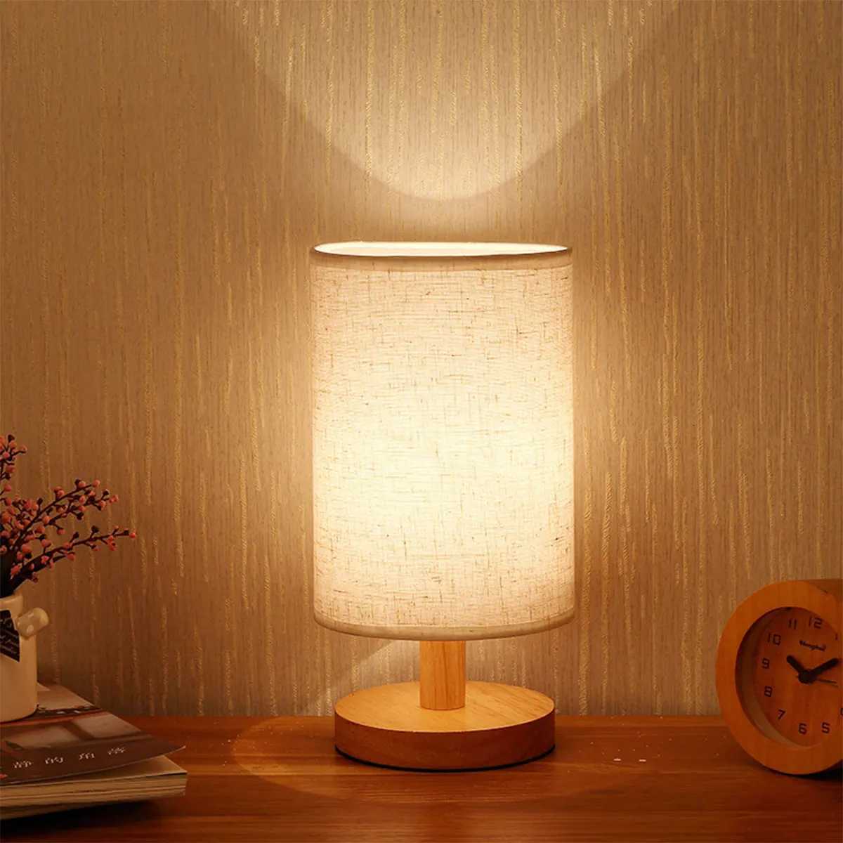 USB Bedside Lamp Night Lights Table Lamp for Bedroom Wooden Desk Lamp Bedside Night Light with Cylinder Lamp Shade Home Decor XJ250725