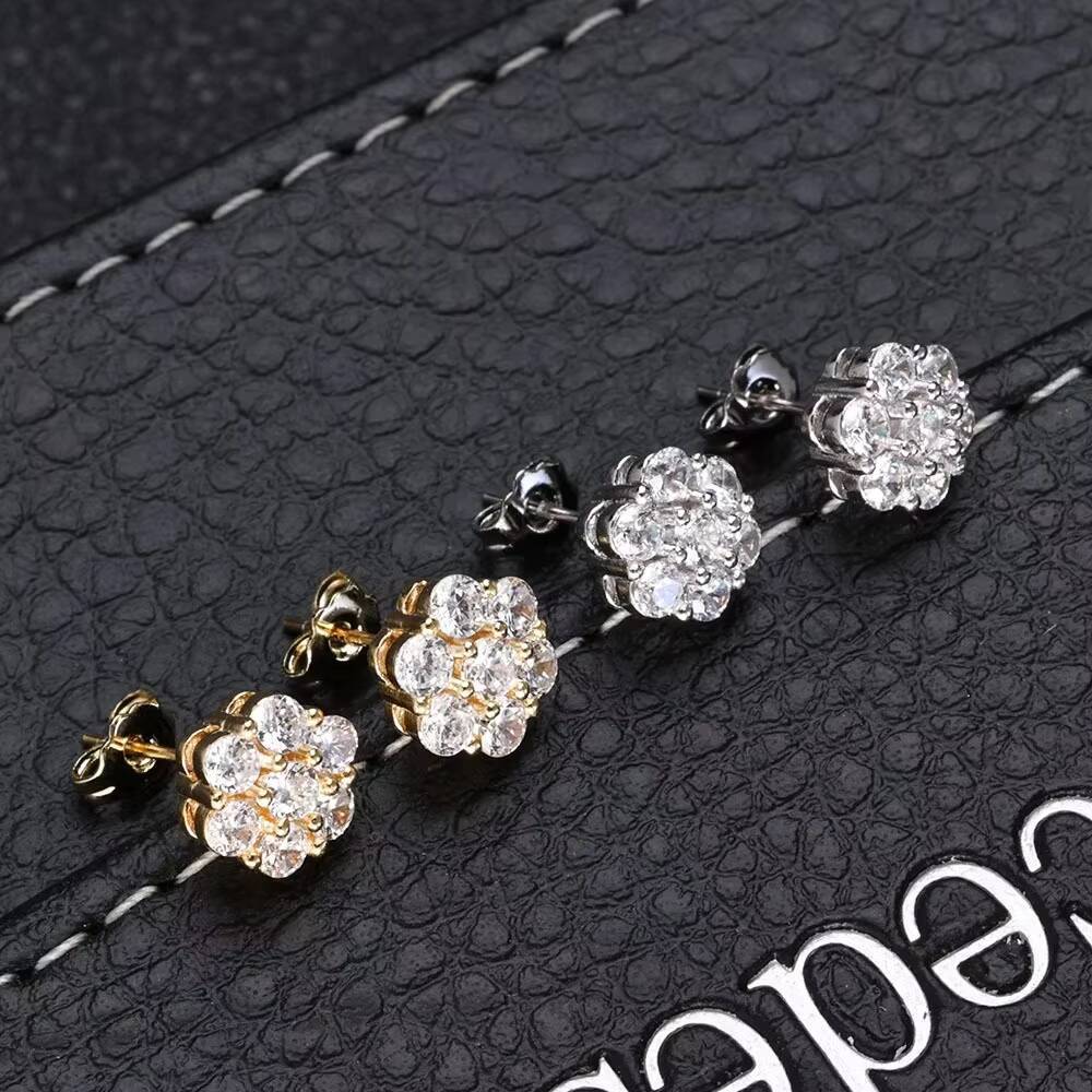 S925 Silver Moissanite Flower Personality Stud Earrings Custom Premium Sense Men Earrings Hip Hop Women Ice Out Earrings