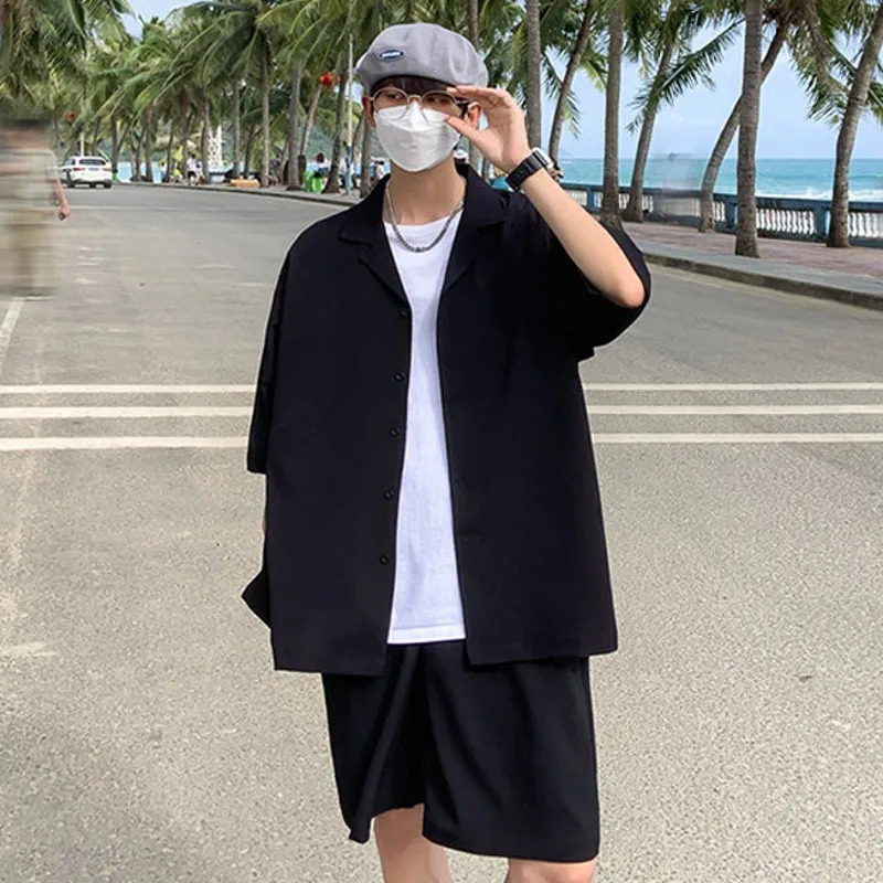 Summer TwoPiece Mens Sets Shirt and Shorts Casual Outfits Oversized Short Suit Plain Clothes Clean Fit Black White Green 250724
