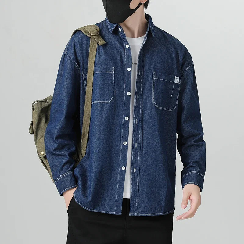 Mens Clothes Cotton Denim Shirts Long Sleeve Blue Black Pockets Button Drop Shoulder Casual Cowboy Coat Loose Work Male Shirt 250725