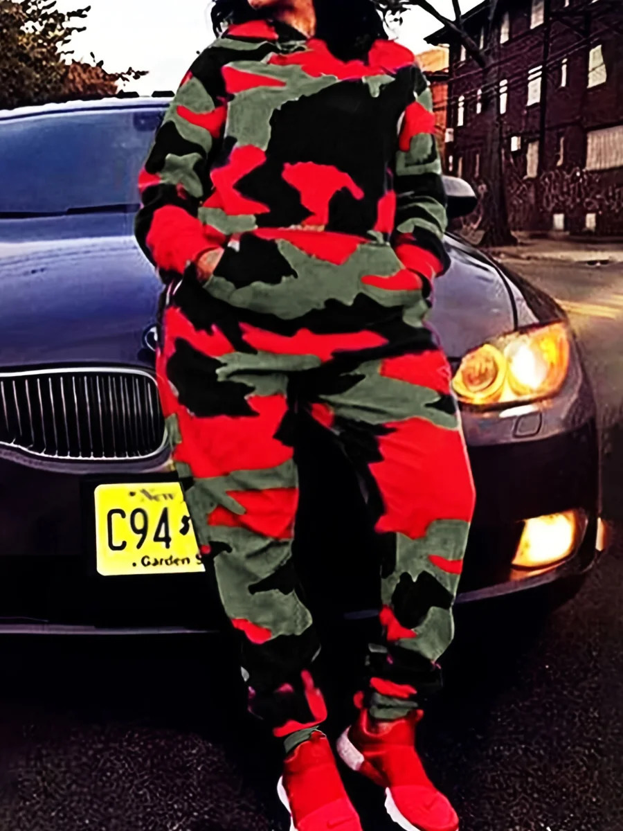 LW Plus Size Fashion Basic Women Autumn Winter Long Sleeve Hooded Collar Camo Print Kangaroo Pocket Tracksuit Sportswear Set 250717