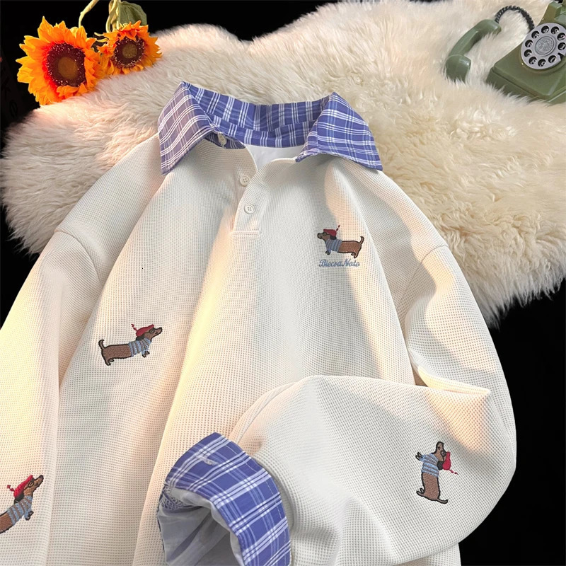 Plaid Patchwork Two Sweatshirt College Style Puppy Embroidery POLO Collar Sweatshirt Men Women Loose Pullover Tops 250725