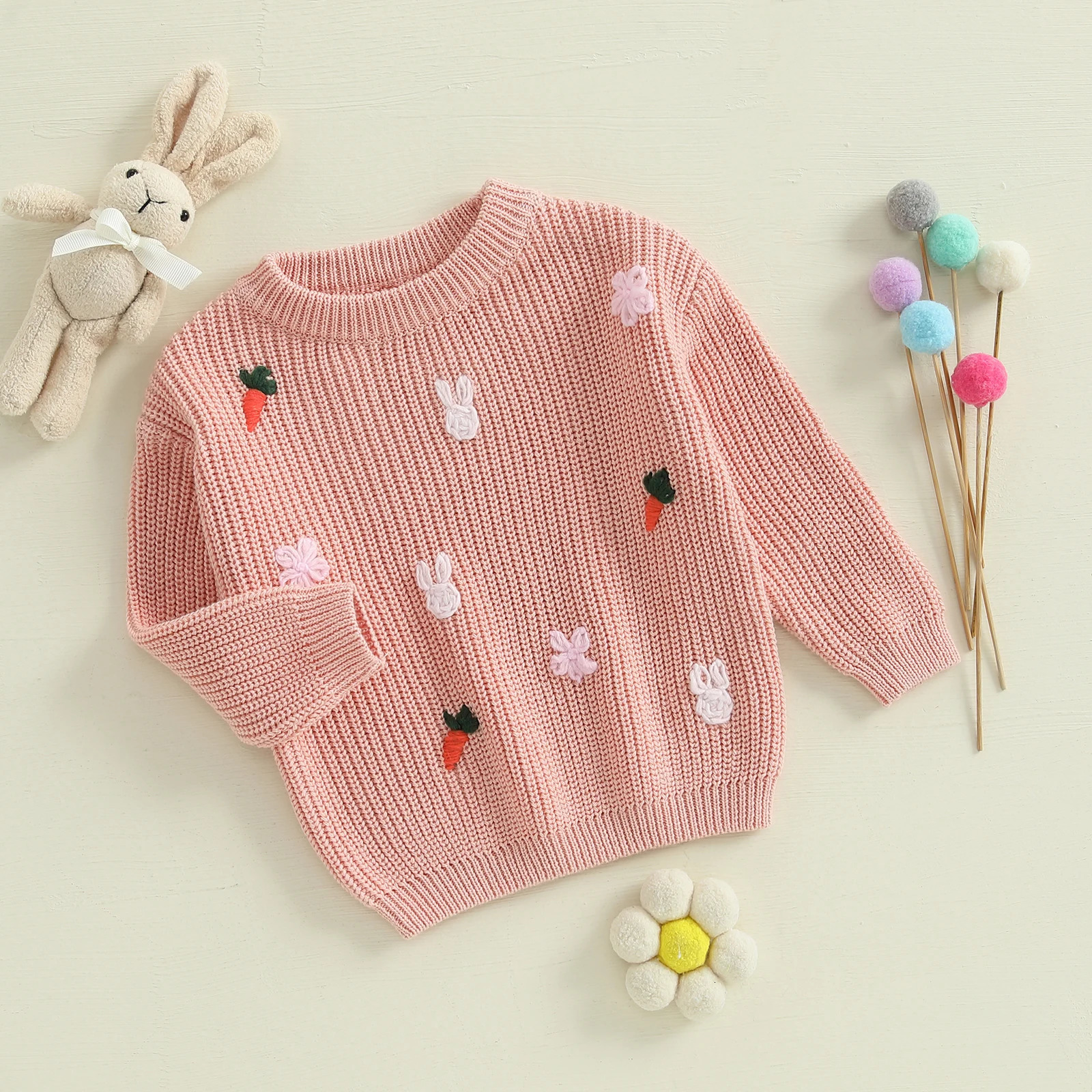 FOCUSNORM 0-4Y Little Kids Girls Knit Easter Sweater 2 Colors Long Sleeve O Neck Rabbit Carrot Embroidery Pullover Knitwear Tops 250725
