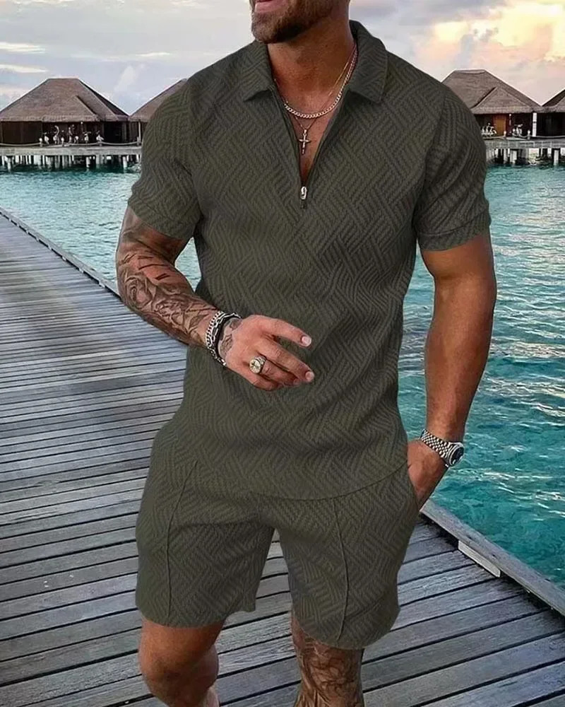Mens Polo Suit Fashion Men Sets Solid Summer V-neck Zipper Short Sleeve Polo ShirtShorts Two Pieces Men Casual Suit 250725
