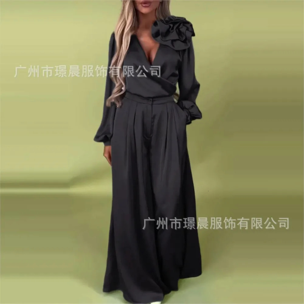Fashion Solid Color Satin Long Sleeve Shirt Women 2 Piece Spring Autumn Casual Loose Wide Leg Pants Pocket Female Office Set 250723