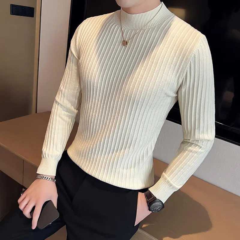 Plain Color Men Striped Sweater British Style Slim Fit Half Turtleneck Mens Casual Sweaters All Match Long Sleeve Pullovers Man Z250725