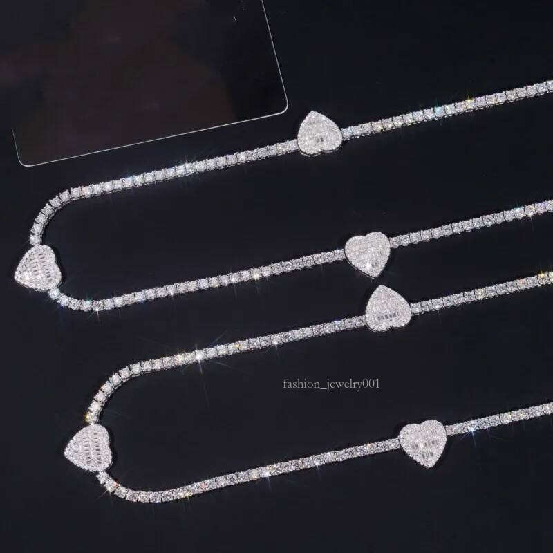 Dia Passed Tester VVS Moissaniten 3mm 16-24inch Sterling Sier Baguette Hearts Moissanite Tennis Chain Necklace For Men Women Nice Gift