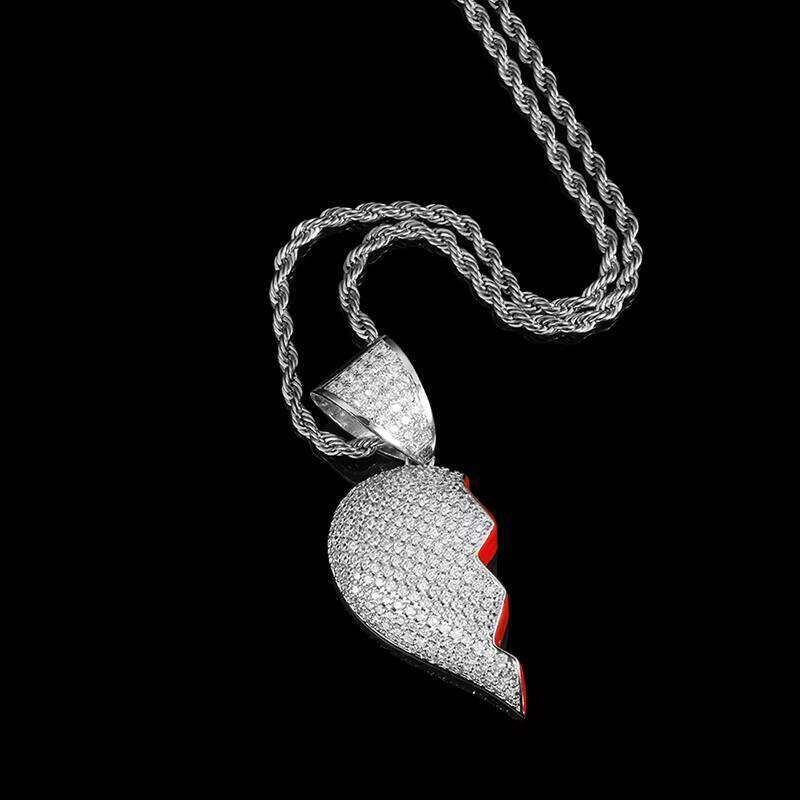 Hip Hop Iced Out Drop Moissanite Broken for Couples Half Heart Couple Necklace