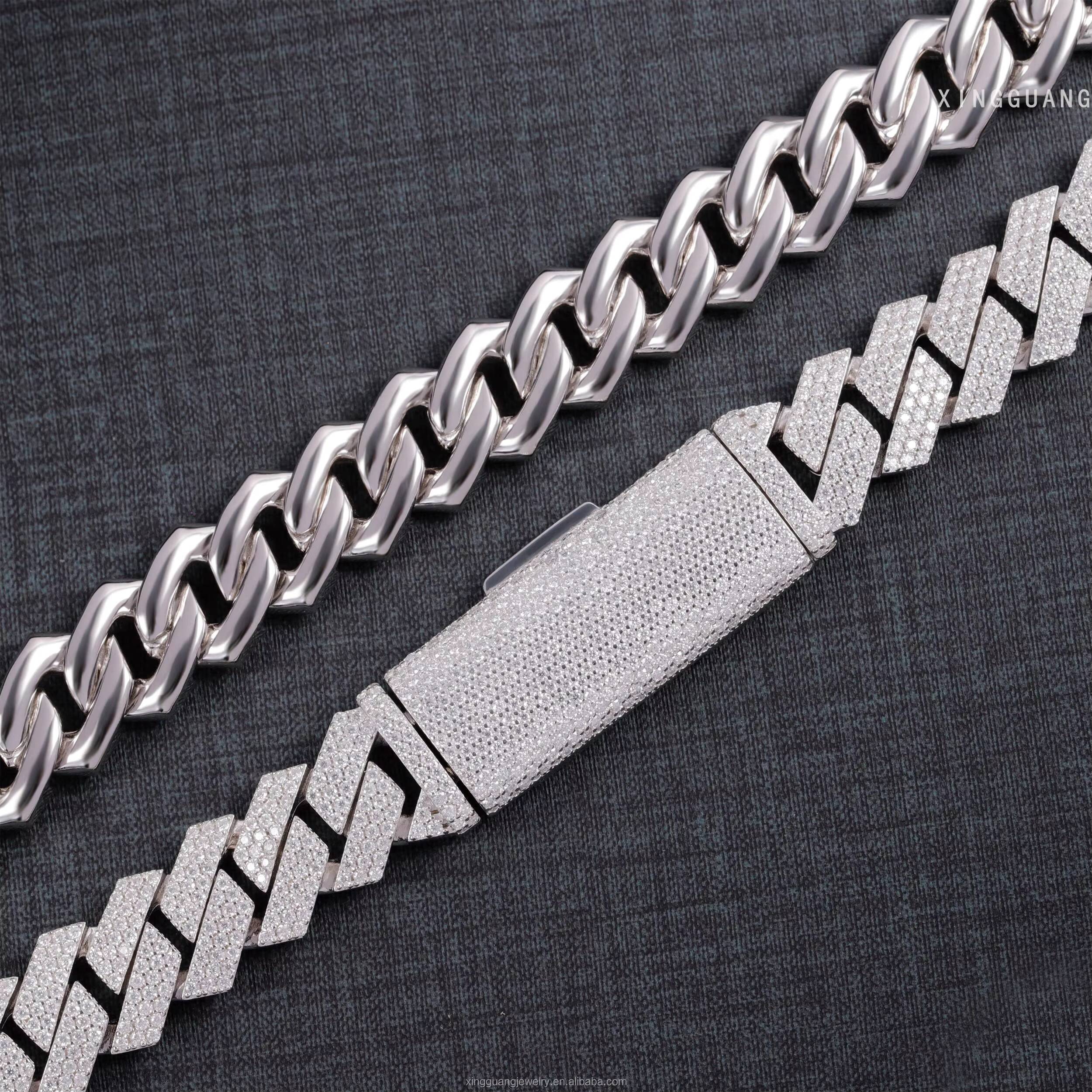 Hip Hop Jewelry Cuban Link Chain Necklace 3rows 15mm 925 Sterling Silver VVS Moissanite Iced Out Diamond Cuban Chain for Men