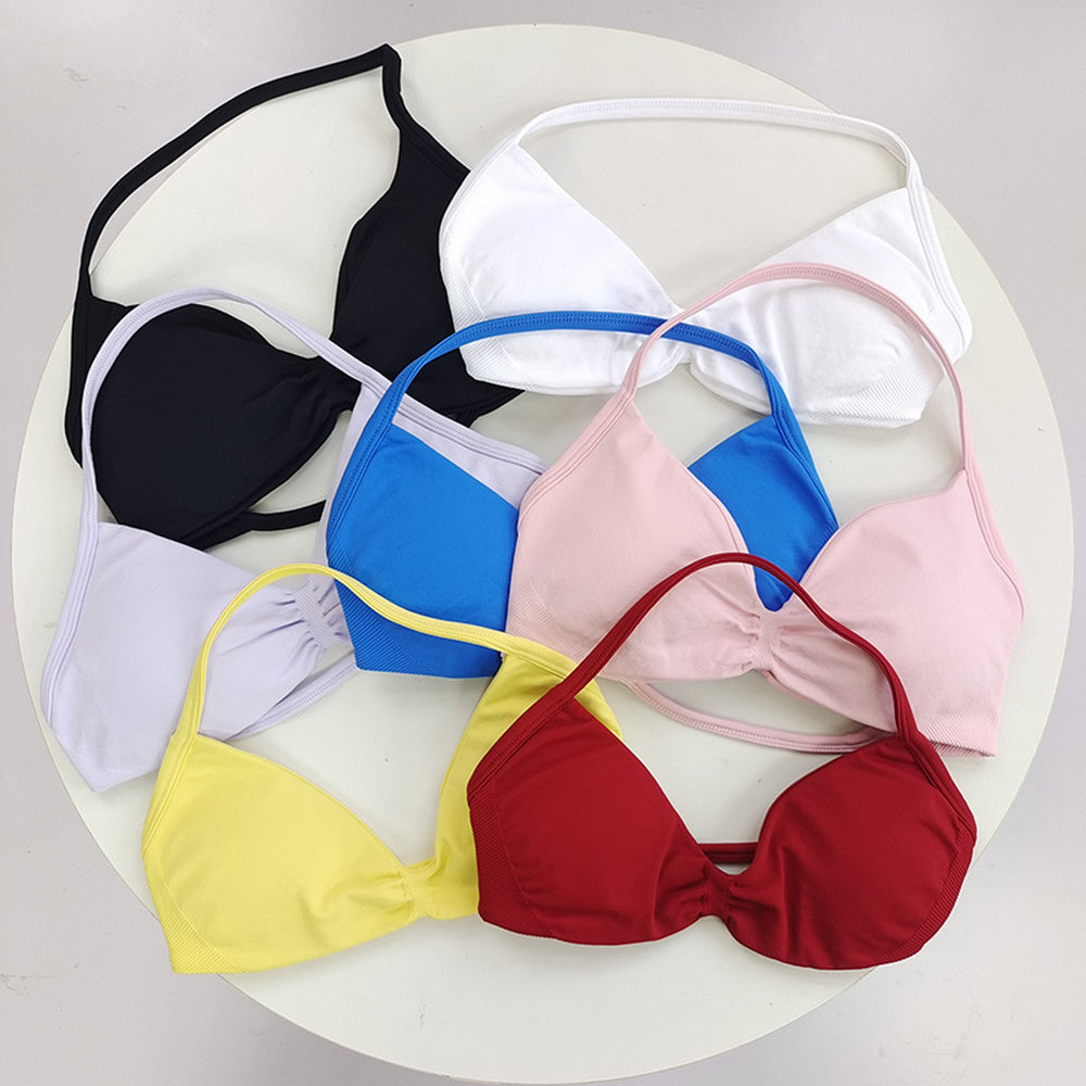 Strappy Bra For Women Backless Halter Yoga Bra Removable Cups Workout Clothing Gym Top Low Support Seamless Sports Bras