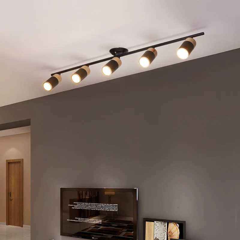 Nordic LED Wood Chandeliers with Track Spotlights for Living Room Bedroom Corridor Lights Black White Decor Lighting Fixtures XJ250725