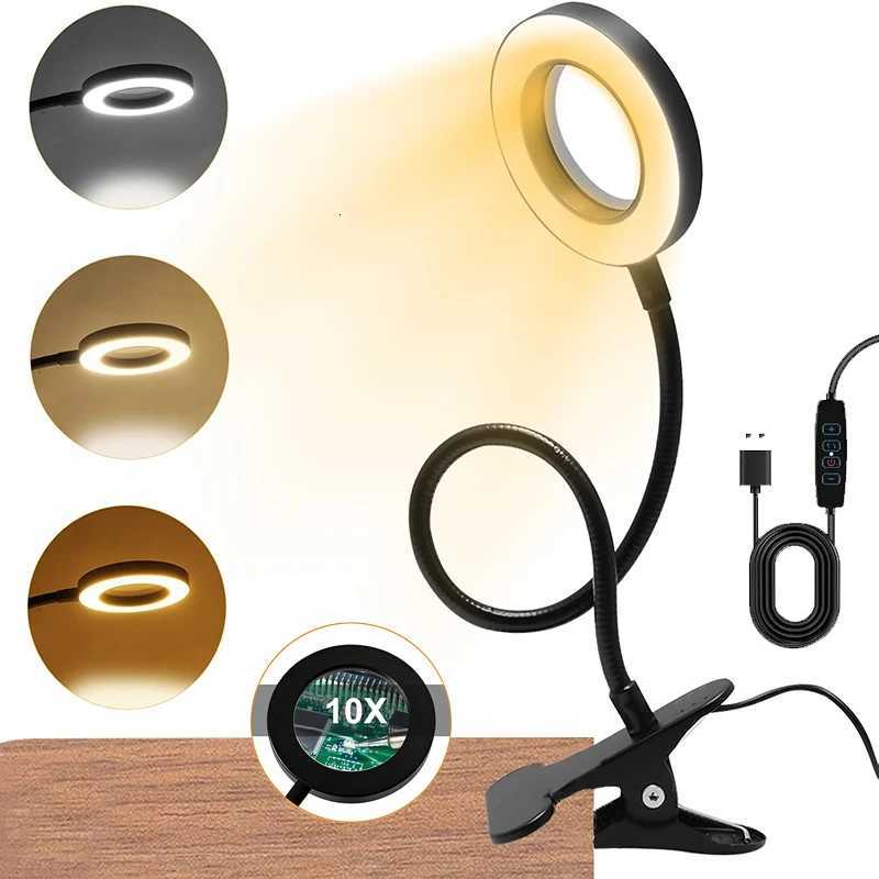 10X Magnifying Glass Desk Lamp with Metal Clamp 3 Color Modes Flexible Gooseneck Light for Bed Work Crafts DIY Repair XJ250725