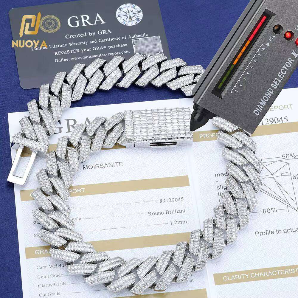 NUOYA Fine Jewelry 20mm Sterling Sier Chunky Cuban Link Chain Pass Dia Test Baguette VVS Moissanite Necklace Women
