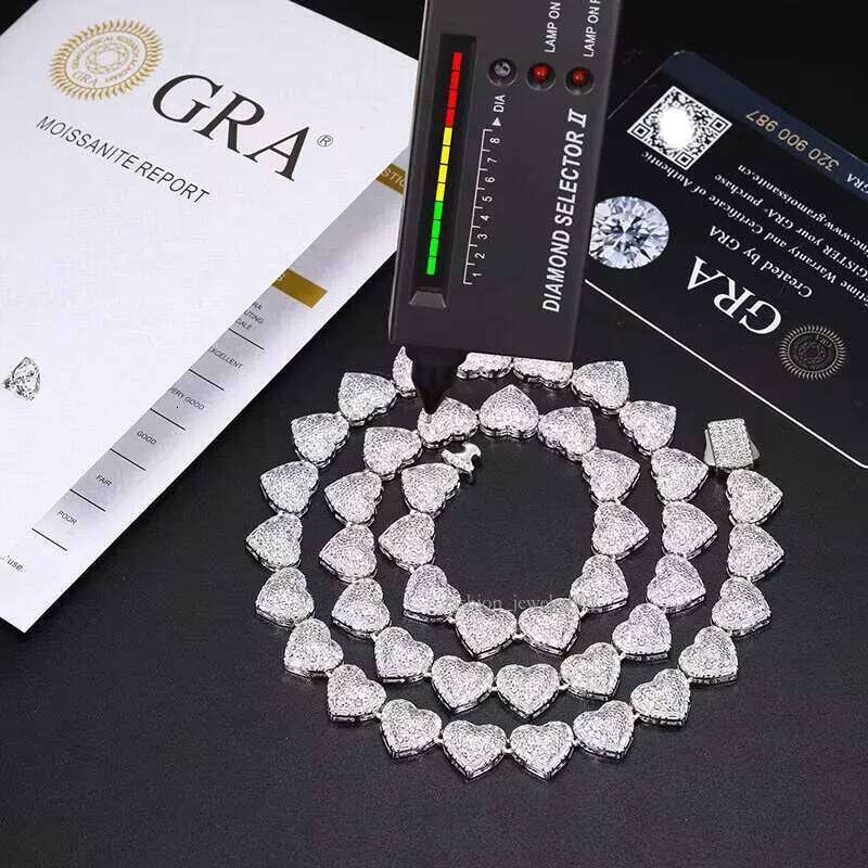 Valentine Day Gift High Quality Fashion Sier 10mm Shape Vvs Moissanite Dia Blue CZ Heart Tennis Chain