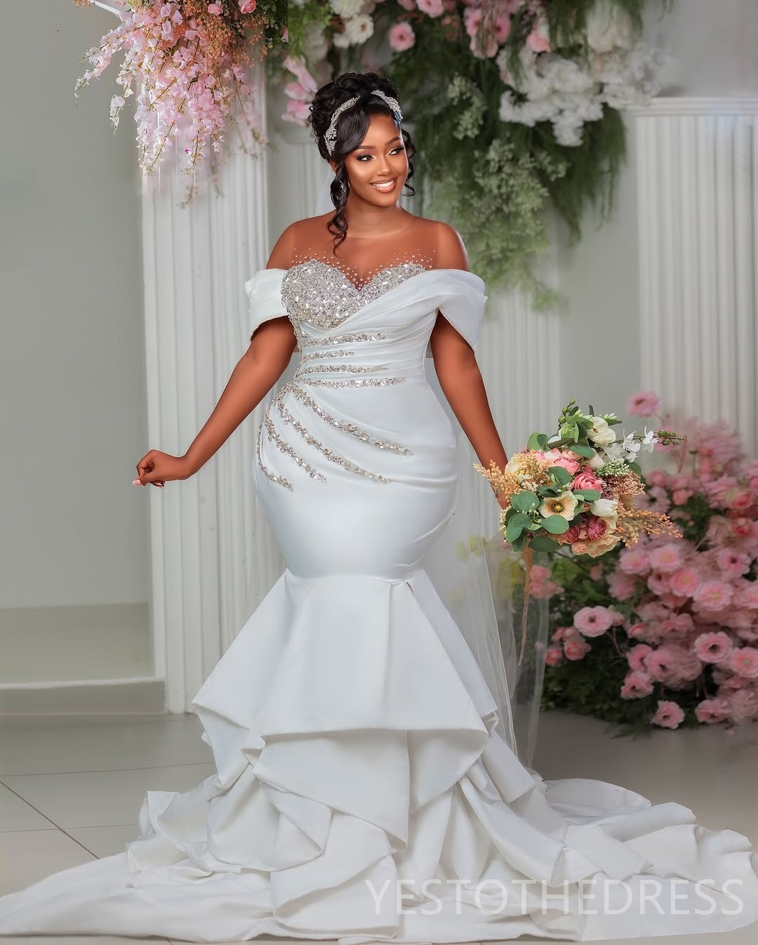 2025 Aso Ebi Wedding Dresses Bridal Gowns For Bridal Sheer Neck Illusion Ruffles Beaded Rhinestones Tiered Satin African Wedding Gowns For Black Women