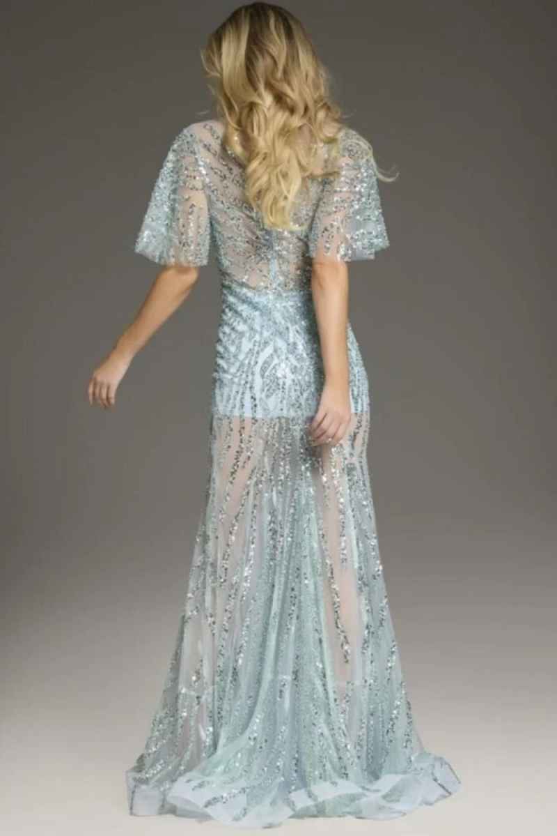 Blue Slim Evening Dress V Neck Short Sleeve Crystal Lace Sweep Train Dress Formal Occasion Women Long Gowns Customised