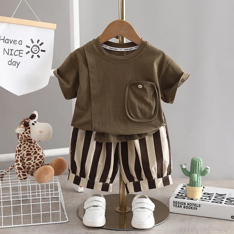 2Pcs Tshirt Shorts Set Baby Summer Clothes Fashion Casual Boy Girl Tee Stripe Shirts Suit Outfits Children Costume 250725
