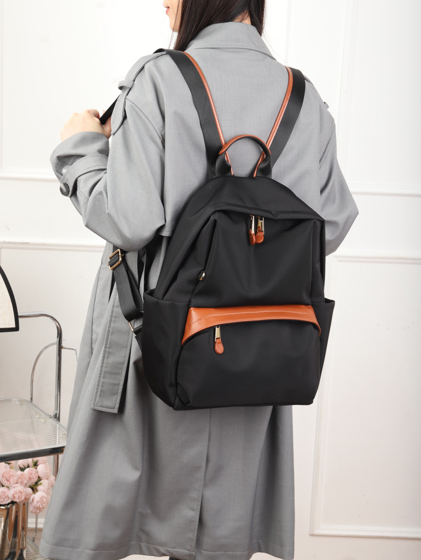 XY9637 Men's and Women's Backpack Waterproof Oxford Cloth With Cowhide Leather Fashionable Multi Pocket Lightweight Commuting Bag