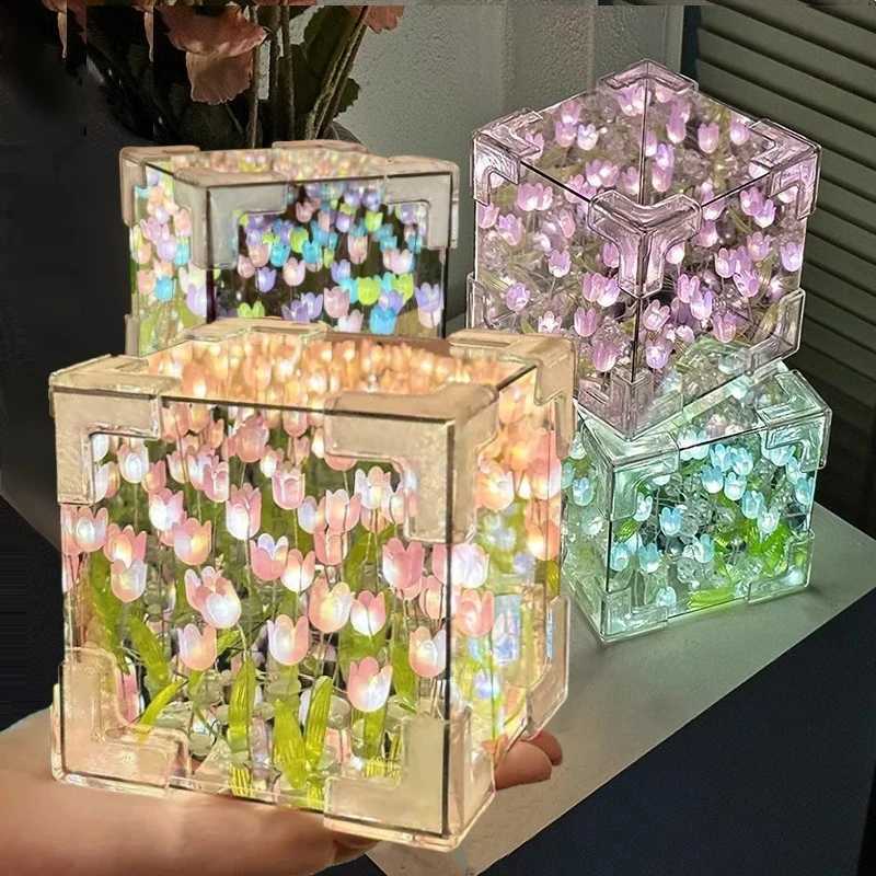 Creative Diy Tulip Flower Sea Cube Three-Dimensional Small Night Lamp Material Package for Girlfriend Couple XJ250725