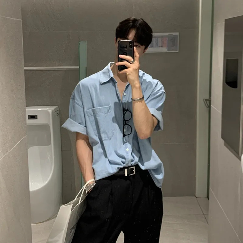Summer Mens Clothing Denim Shortsleeved Pocket Shirt Leisure Buttondown Korean Streetwear Stylish 250725