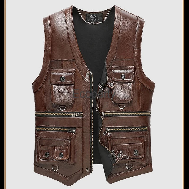 2024 Autumn Winter Leather Vest Mens Zipper Waistcoat Steampunk Sleeveless Motorcycle Jackets Casual Multiple Pockets Coat 250725