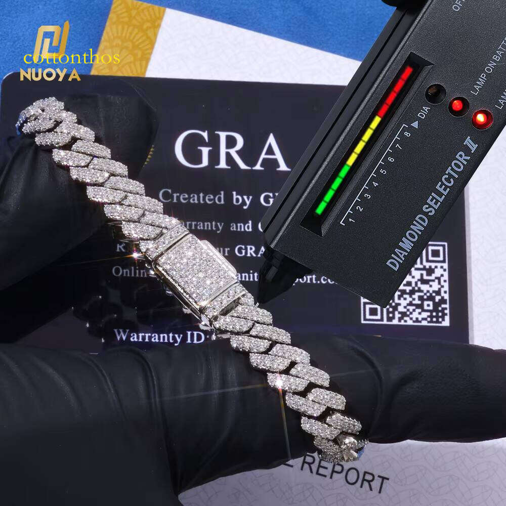 NUOYA 8MM Flip Button Hip Hop Sier Cuban Link Chain Bracelet Iced Out VVS Moissanite Fine Jewelry for Men Women