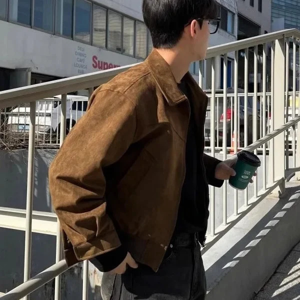 Retro Brown Suede Jacket Mens Spring Autumn Short Flight V-neck Casual Outerwear Vintage Style Male Fashion Coat 250725