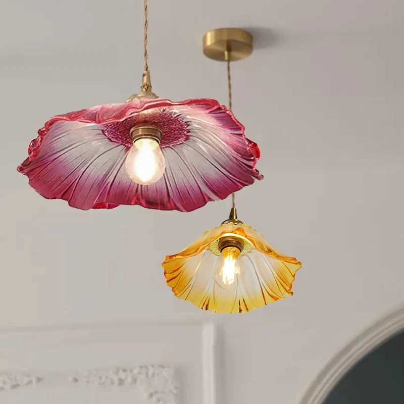 Flower Glass Pendant Lamp Copper Ceiling Chandelier Single Head Pendant Light Bedroom Lamp Hanging Light Luminaria Home Decor XJ250725