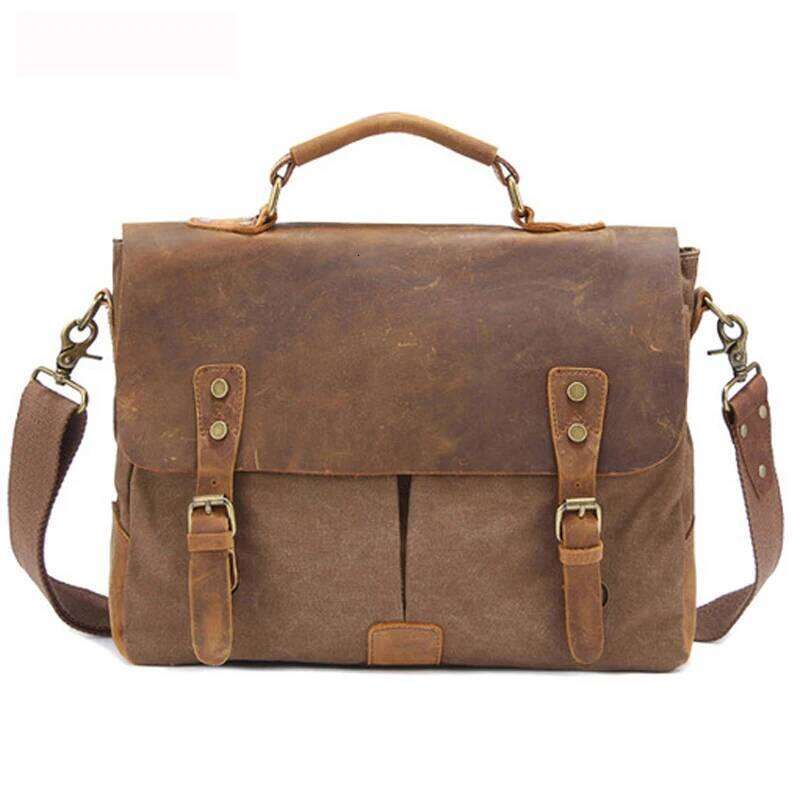 Vintage Leather + Canvas Business Portfolio men office bag Luxury Bag male canvas briefcase attache case document tote OLOEY