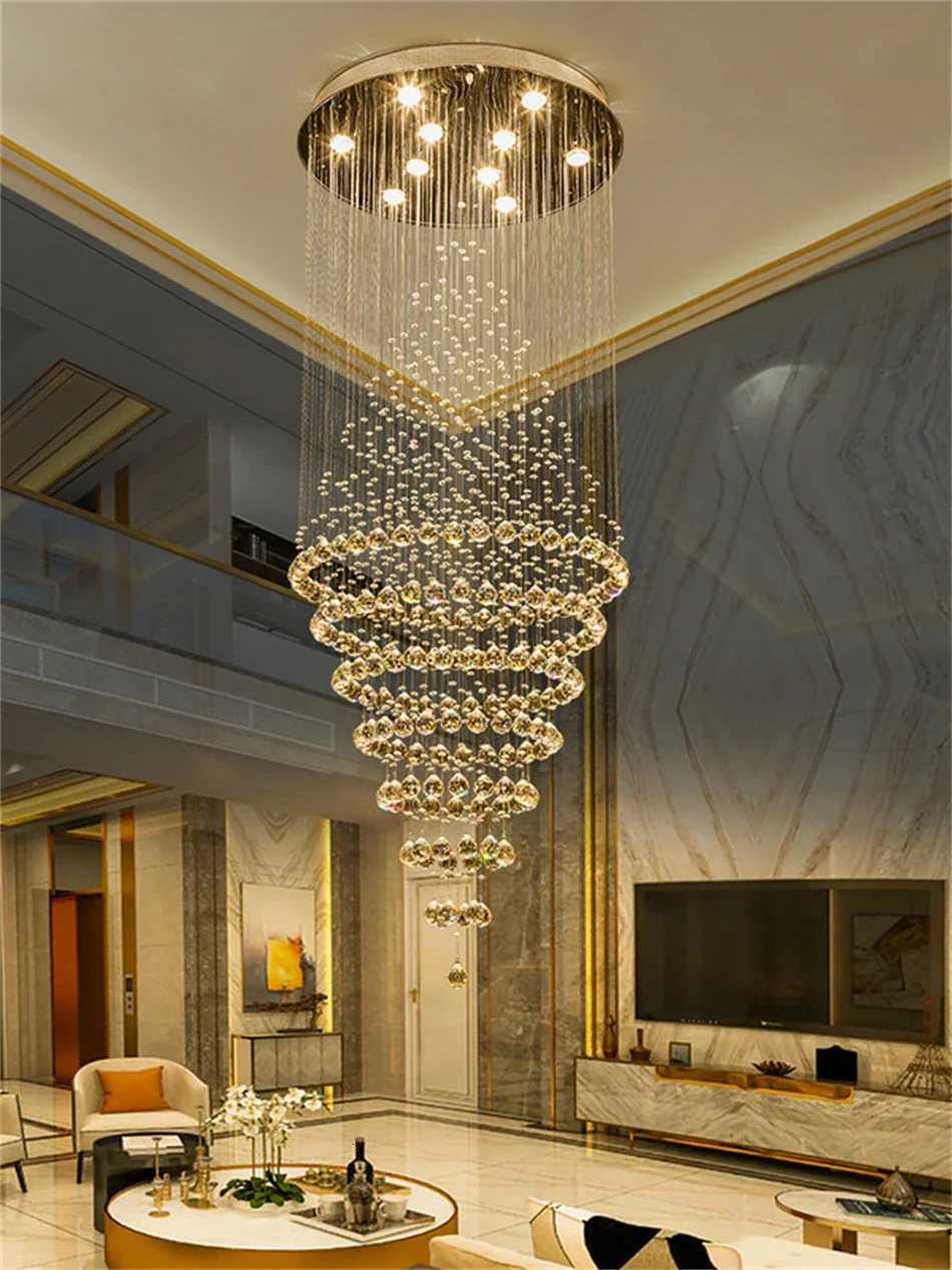 Modern GU10 LED Crystal Chandelier Lamp Stair Light Droplight Villa Double Entry Long Circular Crystal Lighting For LobbyXJ250725