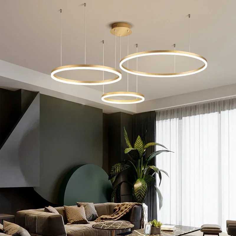Modern LED Pendant Lights Home Lighting Brushed Rings Ceiling Mounted Chandelier Round Hanging Lamp Gold Coffee Color Lustre XJ250725