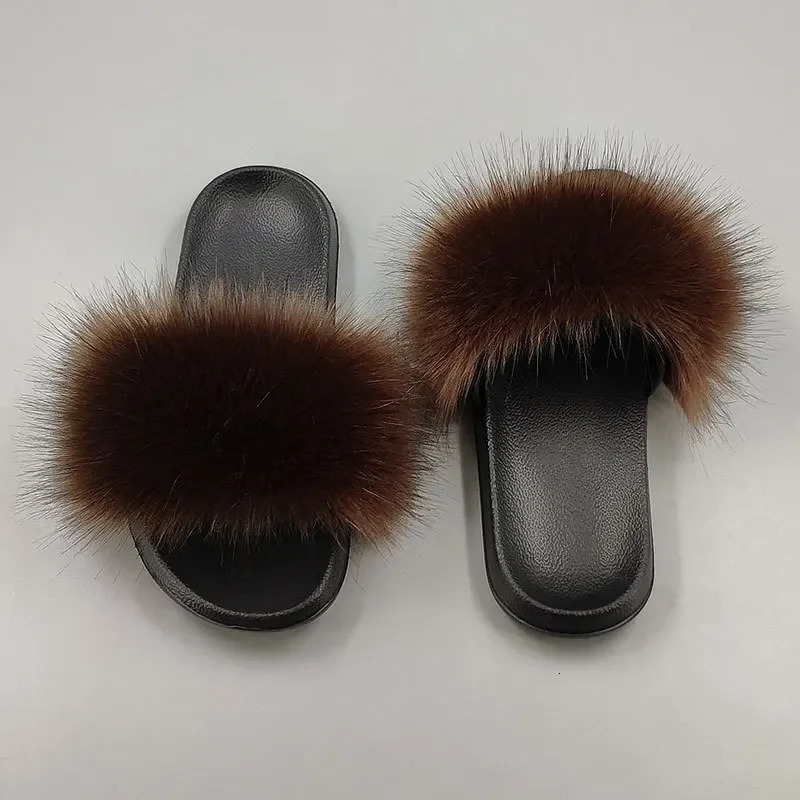Women Summer Casual Fluffy Slippers With Fur Flat Non-Slip Real Fox Fur Furry Slides Large Size Shoes Fur Sandals 250724