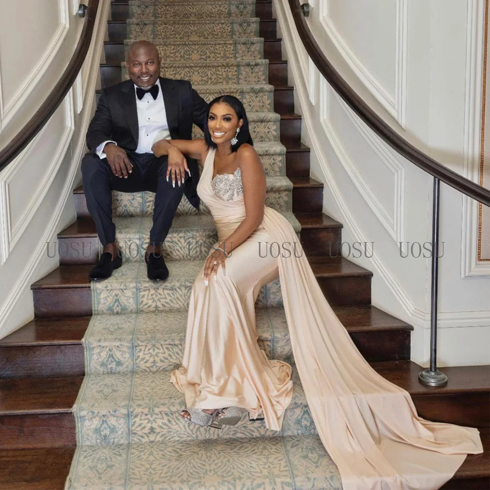 Bridesmaid Dress Champagne One Shoulder Mermaid Gown for Wedding Draped Beading Womens Formal Evening Dresses Long 250725