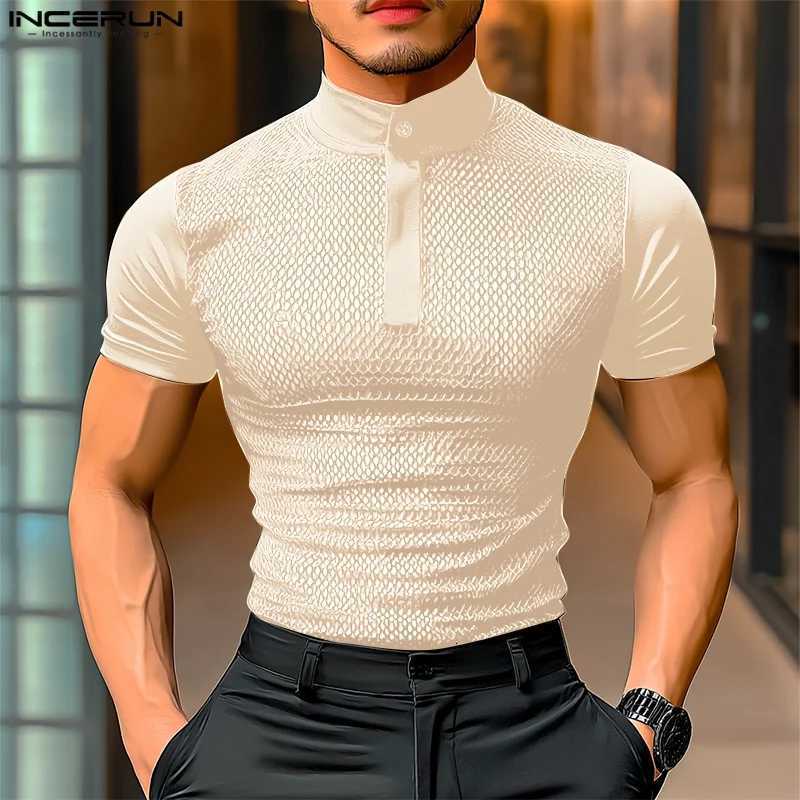 Men T Shirts Mesh Patchwork Transparent Turtleneck Short SLeeve Casual Camisetas Streetwear 2025 Fashion Sexy Tee Tops Z250725